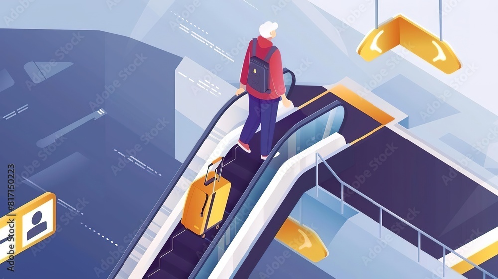 Aged person on moving walkway, expansive terminal view, high angle, bright daylight isolated on soft plain pastel solid background Aged person on moving walkway, expansive terminal view, high angle, bright daylight isolated on soft plain pastel solid background