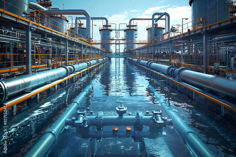 A panoramic view of a state-of-the-art hydrogen energy facility, where the intricate maze of pipes and tanks represents a leap towards a cleaner, greener future