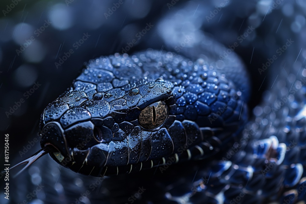 Close-up of Black Snake in Rain with Water Droplets Close-up of Black Snake in Rain with Water Droplets