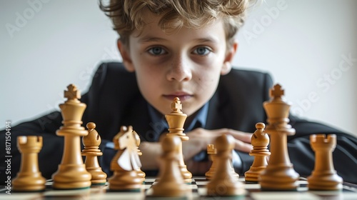 Young boy playing chess, dressed in a formal black suit, stark white background.