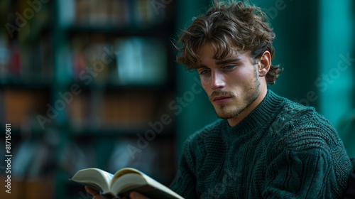 Young male in a forest green sweater reading a book, concentrated expression, teal background.