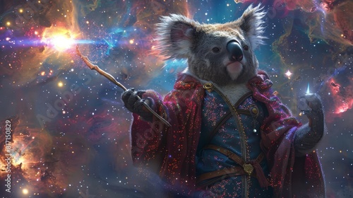 A wise and powerful koala wizard stands in the cosmos  holding a staff. The stars twinkle in the background  and a nebula swirls around the koala.