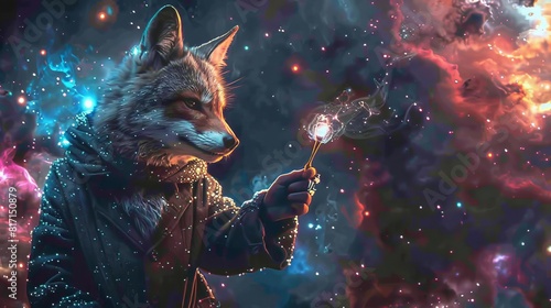 A mystical fox stands in the cosmos, its fur shimmering with stardust