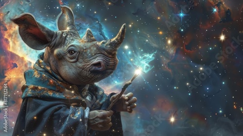 A rhinoceros dressed in a wizard's robe is casting a spell. In the background, there is a colorful nebula and stars. © yailek