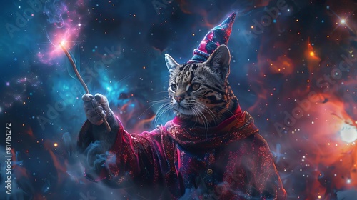 A cute cat wearing a wizard hat and holding a magic wand in its paw photo