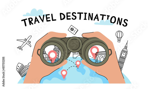 Travel Destinations. A view through binoculars of various sights and travel destination options. Vector banner, doodle illustration