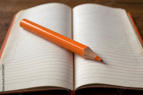  A basic orange-colored pencil sits on a collection of empty pages in a school notebook, representing the idea of going back to school The arrangement is a model with available room for additional