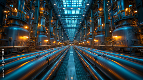 Inside the heart of a hydrogen power plant, this image captures the robust steel tanks and vast network of pipes, emphasizing the plant's role in clean energy generation