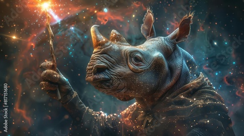 A rhinoceros stands in a field of stars  holding a magic wand. The wand is glowing  and the rhinoceros is looking at it with a look of wonder.