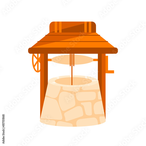 Water well set. Stone and wooden decorated peasant wells for water extraction
