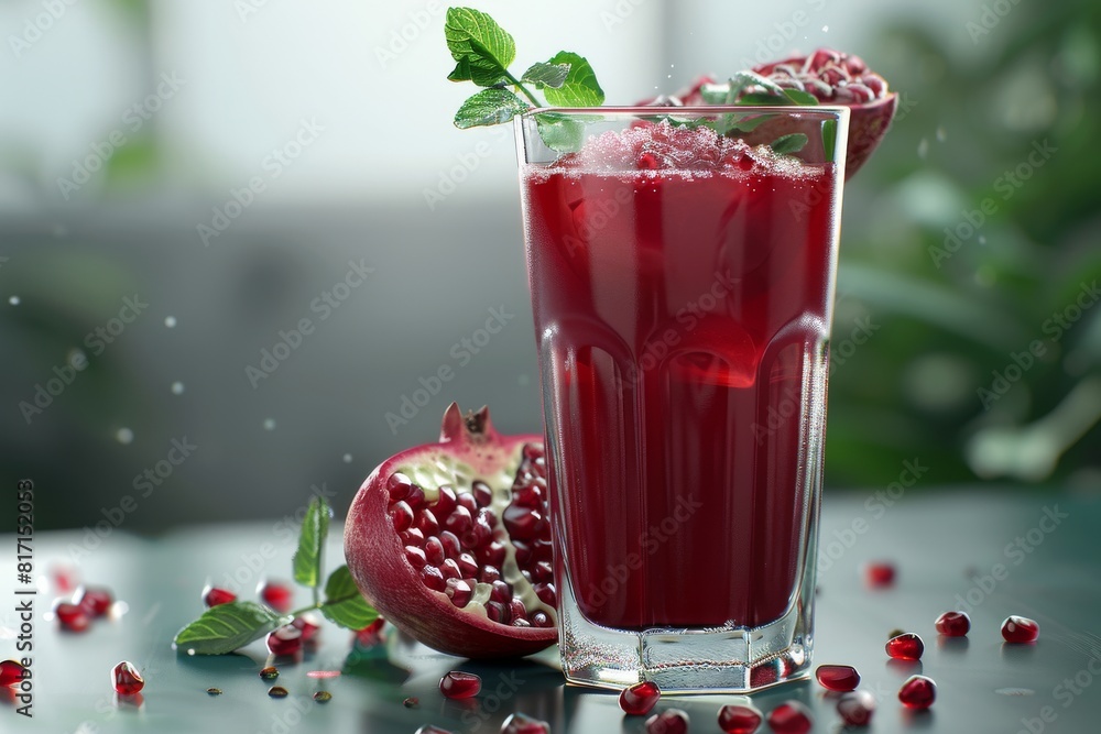 A refreshing glass of freshly squeezed pomegranate juice, garnished with a sprig of mint. A refreshing glass of freshly squeezed pomegranate juice, garnished with a sprig of mint.