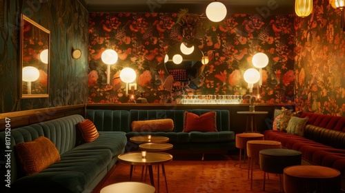 A vintage-themed lounge featuring floral wallpaper, ornate lighting, and plush seating, creating a warm, inviting atmosphere for relaxation and socializing at night. photo