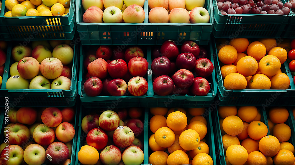 Fresh fruits arrange in grocery store, Red apples, Tomatoes, Yellow peaches and oranges, Fruit market stall
Fresh fruits arrange in grocery store, Red apples, Tomatoes, Yellow peaches and oranges, Fruit market stall