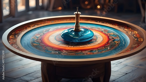 A spinning wheel with a colorful circular design on the top.
