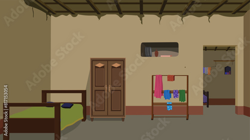 Village room inside vector, poor mud house room interior cartoon background illustrations