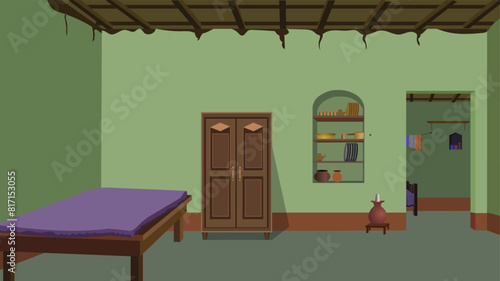 Living room interior. Indian Village hut interior Vector  illustration interior of a house