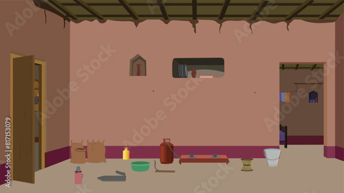 Village Living room interior design with furniture. Indian style village home bedroom indoor vector illustration