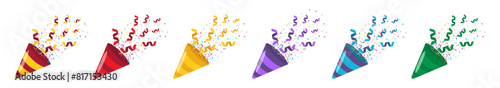 Set of party crackers icons. A bright cartoon clapper for a birthday. Multicolored onfetta for parties and holidays