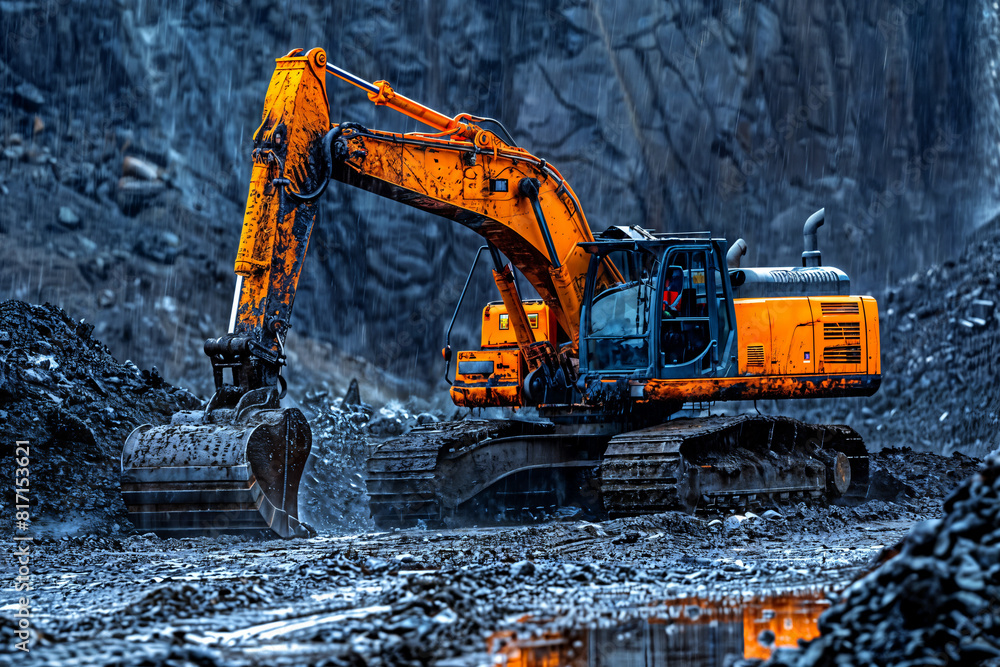 Construction Worker Operating a Large Excavator on a Muddy Site. Colorful Construction Worker Operating a Large Excavator on a Muddy Site. Colorful