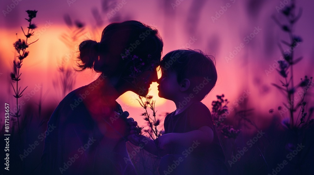 A mother and her children, in silhouette, playing joyfully outside at sunrise, their shadows stretching across the purplehued ground A mother and her children, in silhouette, playing joyfully outside at sunrise, their shadows stretching across the purplehued ground