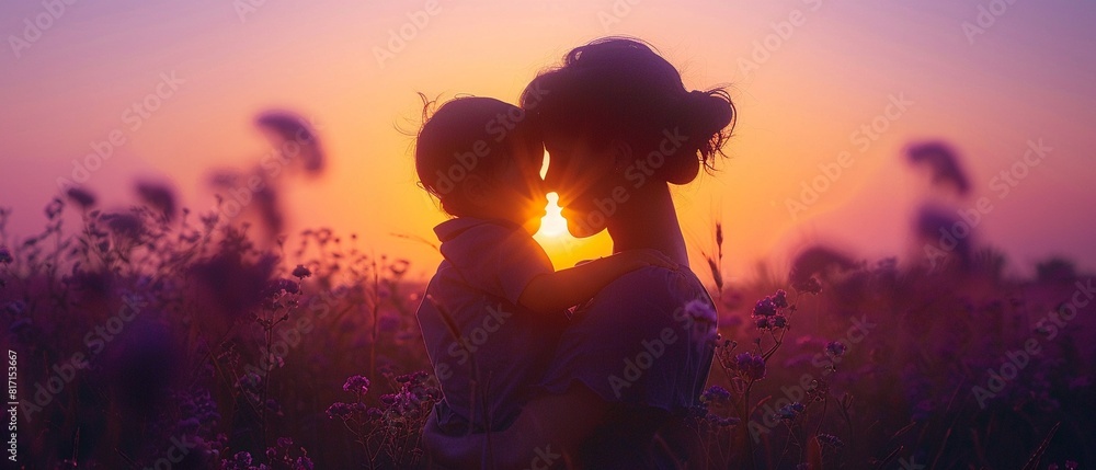 Fototapeta premium A mother in silhouette, embracing her midadult son outside at sunrise, their shadows intertwined in the purple dawn 8K , high-resolution, ultra HD,up32K HD