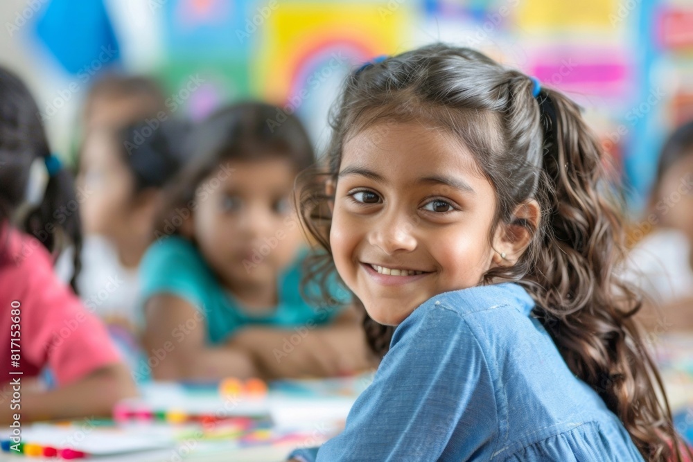 Indian girl smiling during classroom art activity - primary school, access to education, creativity, learning Indian girl smiling during classroom art activity - primary school, access to education, creativity, learning
