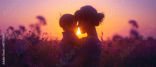 A mother in silhouette, embracing her midadult son outside at sunrise, their shadows intertwined in the purple dawn 8K , high-resolution, ultra HD,up32K HD photo