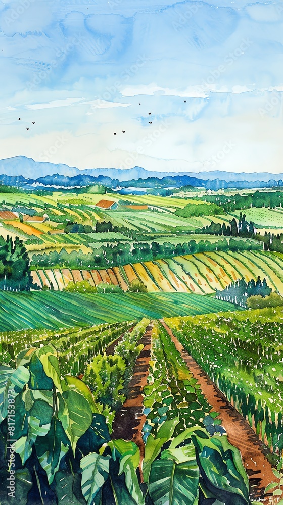Vibrant watercolor painting of a lush green landscape