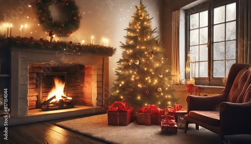 fireplace with christmas decorations photo