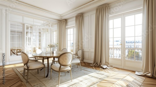 apartment, accentuated by white walls, large windows, and elegant beige curtains framing two sliding doors.