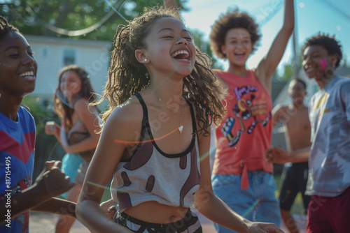 A group of teenagers enjoying a Juneteenth block party, playing games, dancing, and celebrating with friends. 