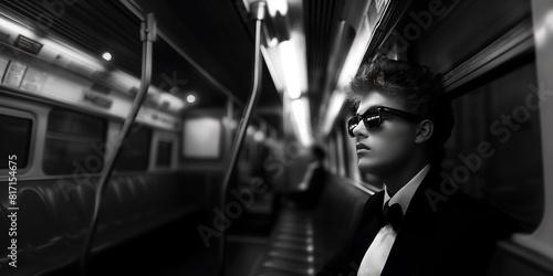 young man in bow tie, traveling by train to a party photo