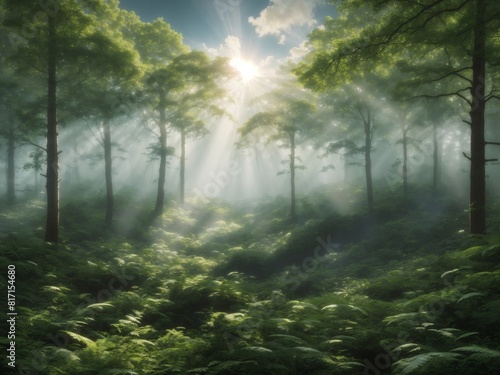"Enchanting Forest Canopy: Hyperrealist Landscape with Trees Amidst Cloud Layers in Horizontal View" © Chathura