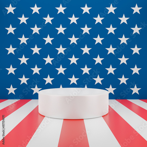 3D render USA flag stage illustration. White stage on American flag background