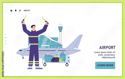 People in the airport. Airport ground staff. An airport marshaller directing