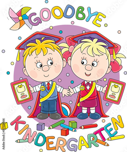 Goodbye kindergarten card with a happy little boy and girl graduates with academic caps, ribbons and diplomas going from nursery school to first grade for start of classes, vector cartoon illustration