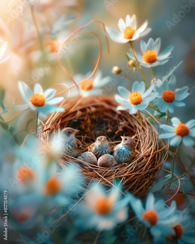 Birds nestled in a nest surrounded by blooming wildflowers selective focus, springtime serenity, ethereal, overlay, countryside field photo