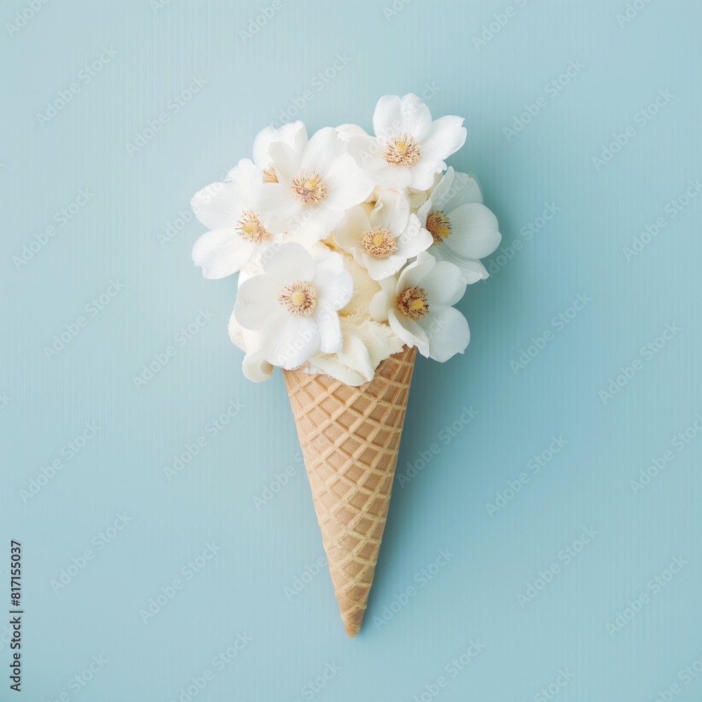 a white flower ice cream cone on a blue background