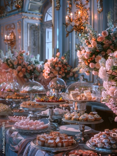 Elegant Wedding Reception A Lavish Spread of Delectable Hors doeuvres and Small Plates in a Baroqueinspired Ballroom photo
