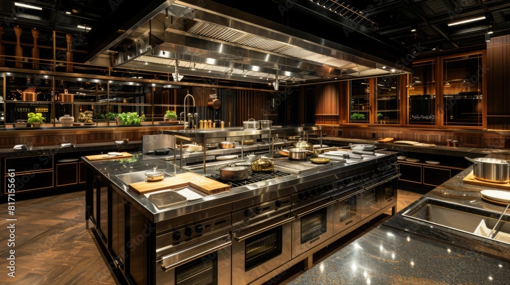A sleek, modern commercial kitchen is bustling with activity during evening preparation. Chefs are seen working with stainless steel appliances and countertops.