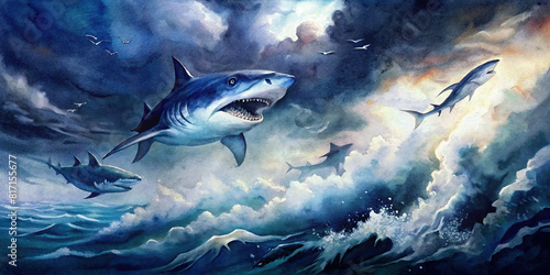 A dramatic illustration of sharks racing under stormy skies, creating a sense of intensity and adrenaline.