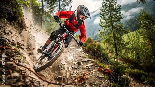 Mountain Biker Mastering Rugged Trail at Dusk Adventure and Skill Unleashed photo