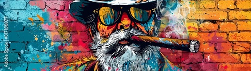 Street art depiction of a tough man smoking a big cigar  rendered in urban graphic style