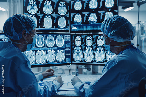 Focused in a modern hospital setting, an orthopedic surgeon consults x-ray and MRI results, discussing the diagnostic images with a colleague in a dynamic 