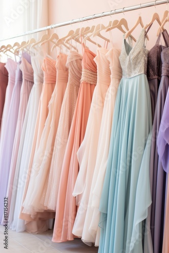 Collection of elegant pastel color formal dresses for sale in luxury modern shop boutique.  © Media Srock