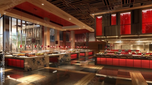 A spacious buffet restaurant featuring a sleek design with red accents, elegant lighting, and a wide variety of food stations in a modern setting. photo