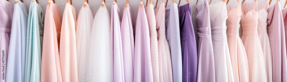 Collection of elegant pastel color formal dresses for sale in luxury modern shop boutique. 