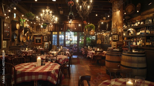 A restaurant setting featuring a classic checkered tablecloth and rustic wine barrels, creating a cozy and inviting ambiance.