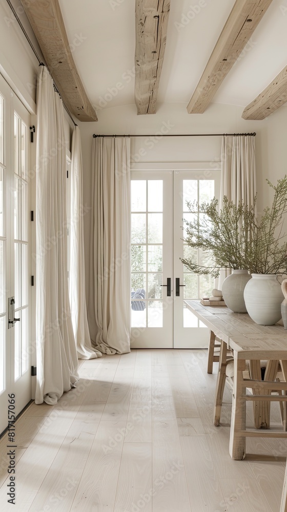 apartment, accentuated by white walls, large windows, and elegant beige curtains framing two sliding doors. apartment, accentuated by white walls, large windows, and elegant beige curtains framing two sliding doors.