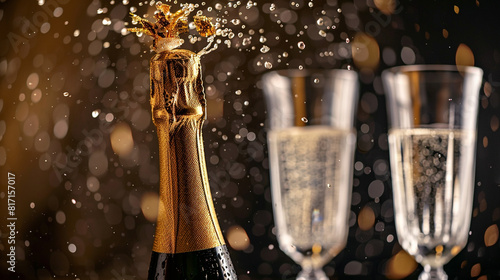 A close-up shot of a chilled bottle of champagne with a festive gold foil popping off, spraying droplets next to two crystal flutes.